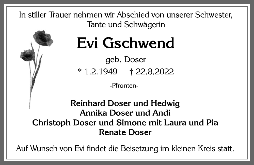  Traueranzeige für Evi Gschwend vom 25.08.2022 aus Allgäuer Zeitung, Füssen