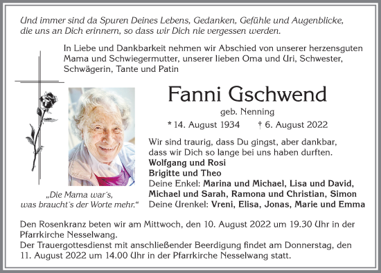 Traueranzeige von Fanni Gschwend von Allgäuer Zeitung, Füssen