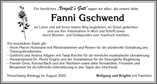 Traueranzeige von Fanni Gschwend von Allgäuer Zeitung, Füssen