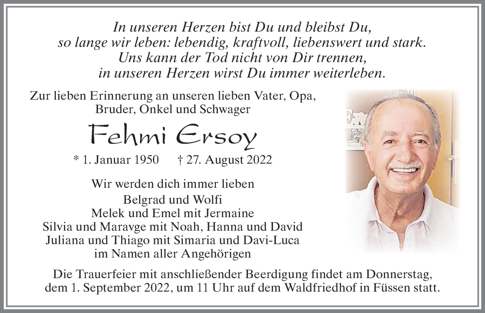  Traueranzeige für Fehmi Ersoy vom 30.08.2022 aus Allgäuer Zeitung, Füssen