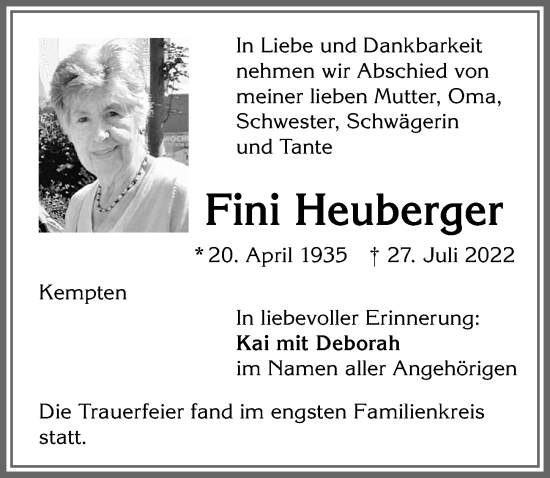 Traueranzeige von Fini Heuberger von Allgäuer Zeitung,Kempten