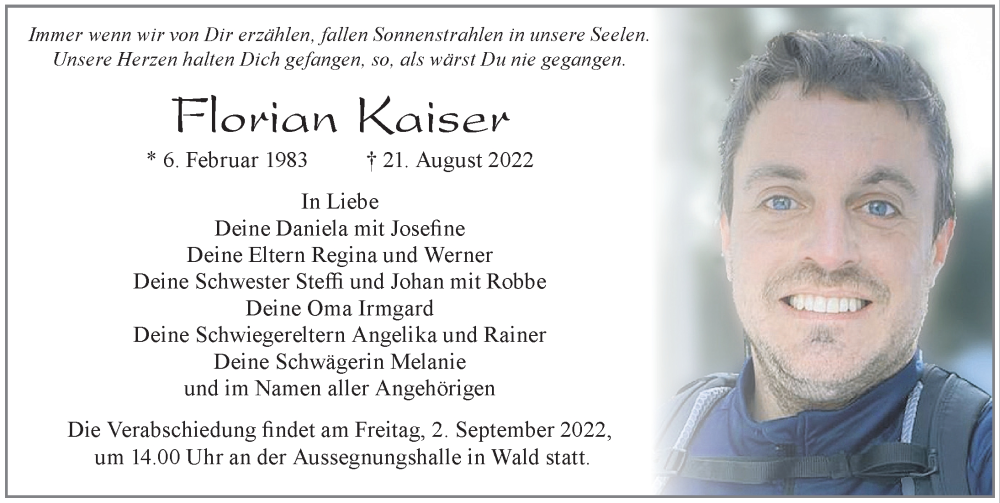  Traueranzeige für Florian Kaiser vom 31.08.2022 aus Allgäuer Zeitung, Marktoberdorf