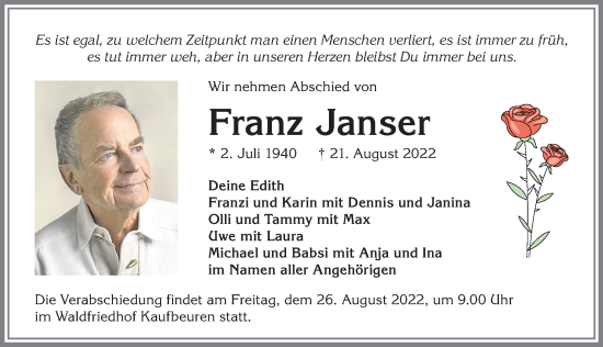 Traueranzeige von Franz Janser von Allgäuer Zeitung, Kaufbeuren/Buchloe