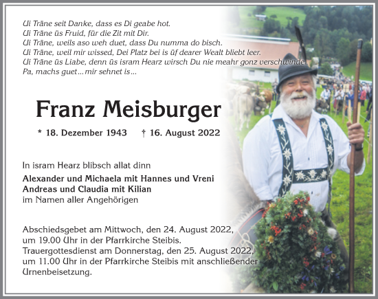 Traueranzeige von Franz Meisburger von Allgäuer Anzeigeblatt