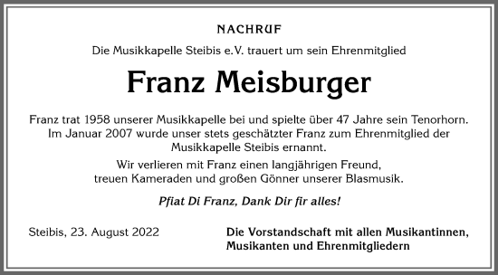 Traueranzeige von Franz Meisburger von Allgäuer Anzeigeblatt