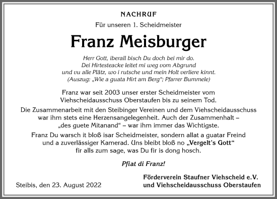 Traueranzeige von Franz Meisburger von Allgäuer Anzeigeblatt