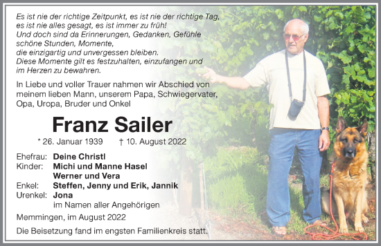 Traueranzeige von Franz Sailer von Memminger Zeitung