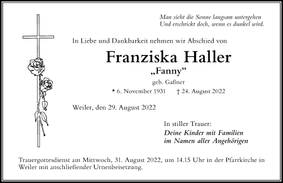 Traueranzeige von Franziska Haller von Der Westallgäuer