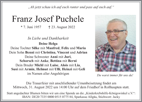 Traueranzeige von Franz Josef Puchele von Allgäuer Zeitung, Füssen