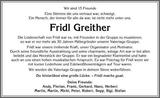 Traueranzeige von Fridl Greither von Allgäuer Anzeigeblatt