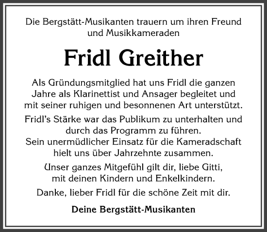 Traueranzeige von Fridl Greither von Allgäuer Anzeigeblatt