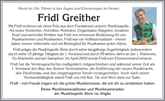 Traueranzeige von Fridl Greither von Allgäuer Anzeigeblatt