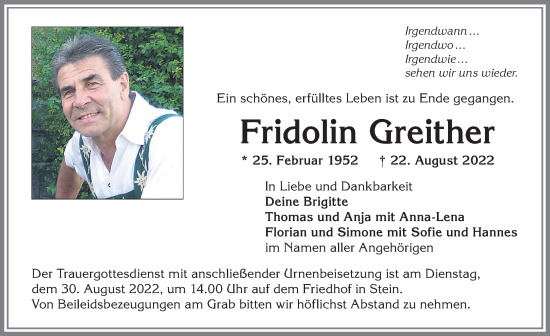 Traueranzeige von Fridolin Greither von Allgäuer Anzeigeblatt