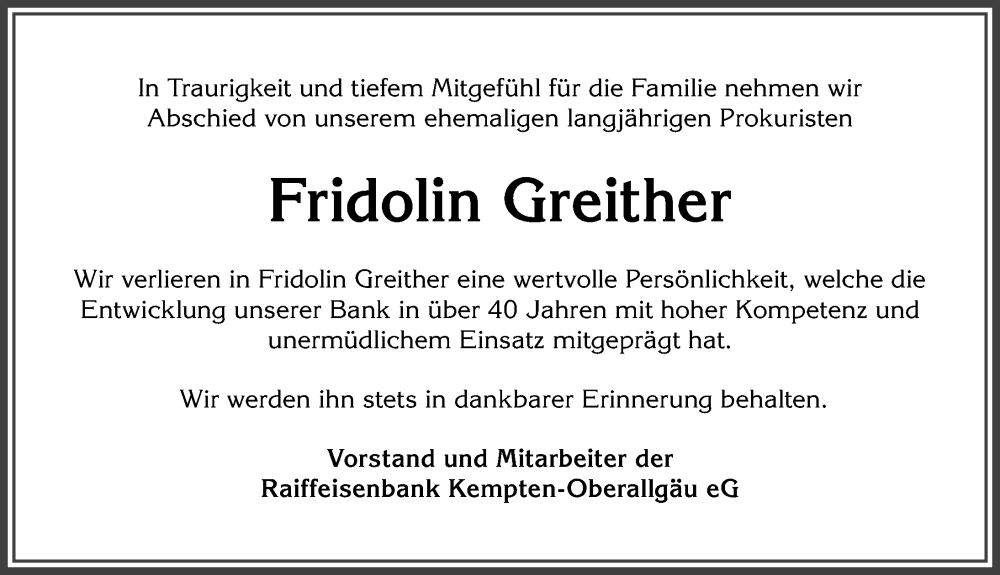  Traueranzeige für Fridolin Greither vom 26.08.2022 aus Allgäuer Anzeigeblatt