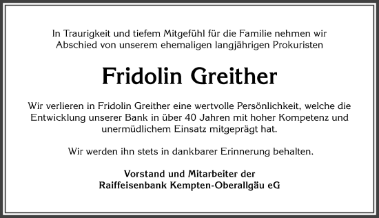 Traueranzeige von Fridolin Greither von Allgäuer Anzeigeblatt