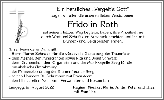 Traueranzeige von Fridolin Roth von Allgäuer Zeitung, Füssen