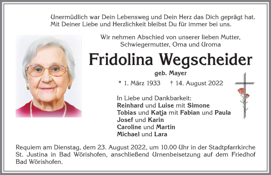 Traueranzeige von Fridolina Wegscheider von Mindelheimer Zeitung, Augsburger Allgemeine