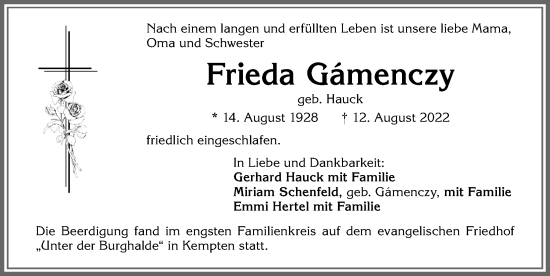 Traueranzeige von Frieda Gámenczy von Allgäuer Zeitung,Kempten