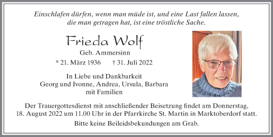 Traueranzeige von Frieda Wolf von Allgäuer Zeitung, Marktoberdorf
