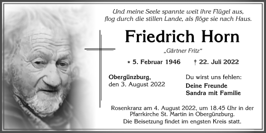 Traueranzeige von Friedrich Horn von Allgäuer Zeitung, Marktoberdorf