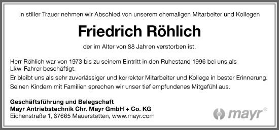 Traueranzeige von Friedrich Röhlich von Allgäuer Zeitung, Kaufbeuren/Buchloe