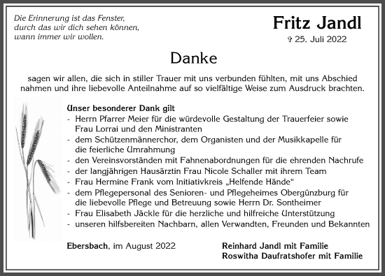 Traueranzeige von Fritz Jandl von Allgäuer Zeitung, Marktoberdorf