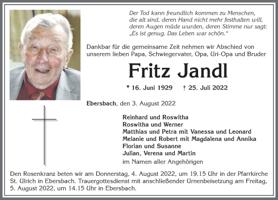 Traueranzeige von Fritz Jandl von Allgäuer Zeitung, Marktoberdorf