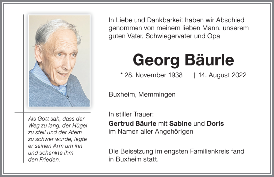 Traueranzeige von Georg Bäurle von Memminger Zeitung