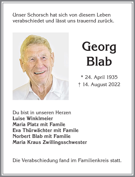 Traueranzeige von Georg Blab von Allgäuer Anzeigeblatt