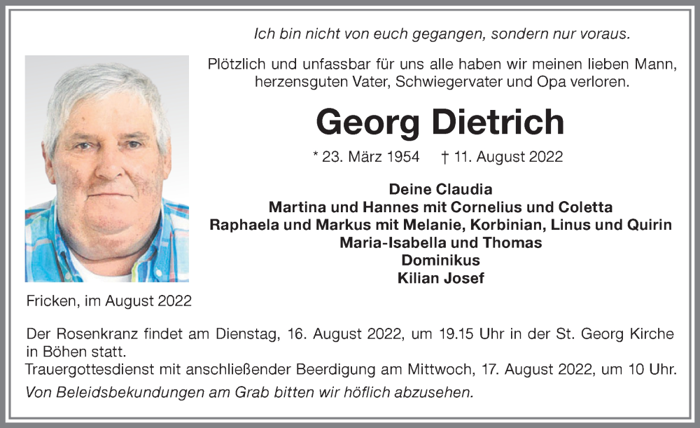  Traueranzeige für Georg Dietrich vom 13.08.2022 aus Memminger Zeitung