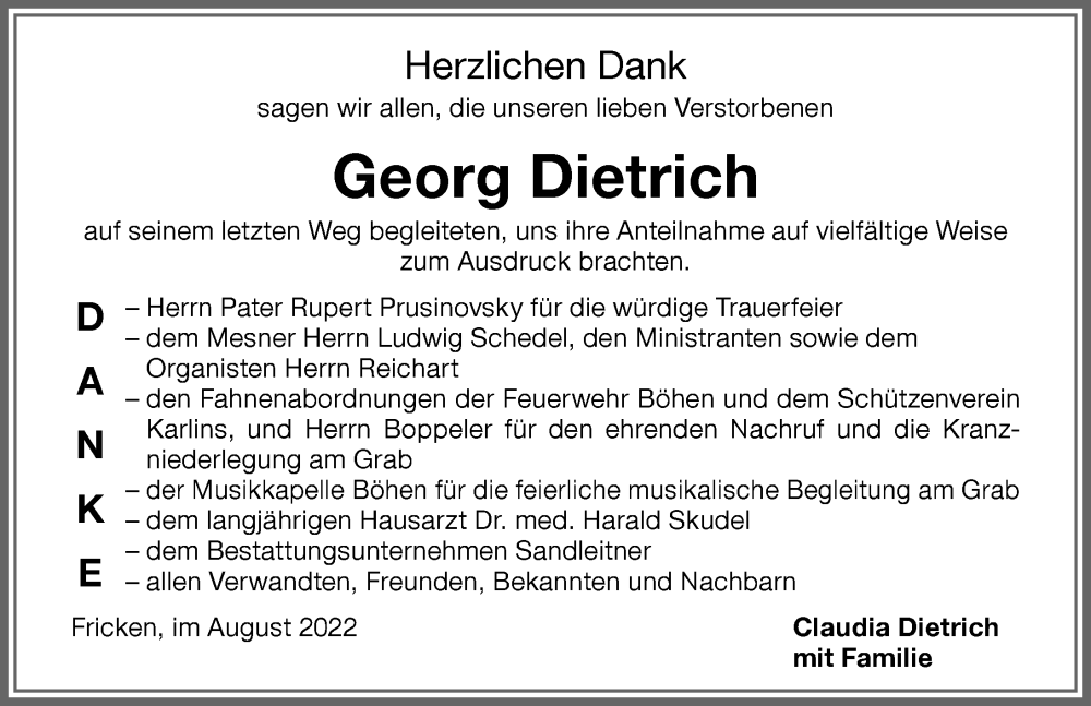  Traueranzeige für Georg Dietrich vom 27.08.2022 aus Memminger Zeitung