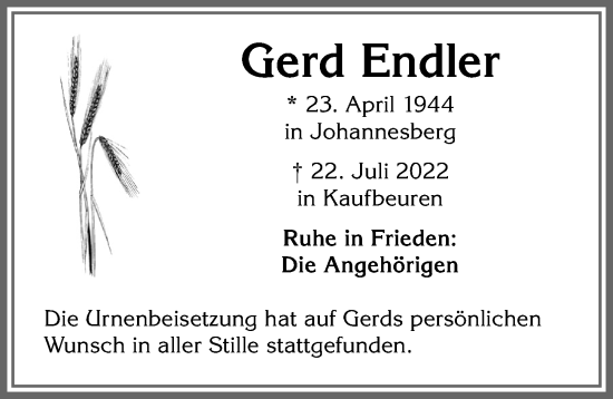 Traueranzeige von Gerd Endler von Allgäuer Zeitung, Kaufbeuren/Buchloe