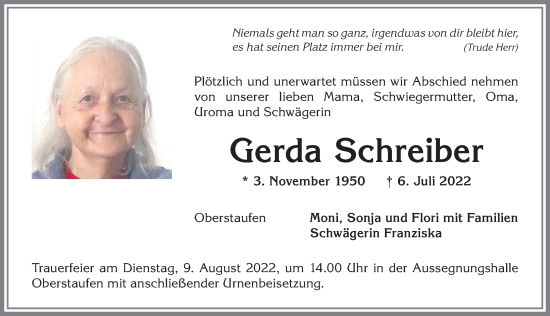 Traueranzeige von Gerda Schreiber von Allgäuer Anzeigeblatt