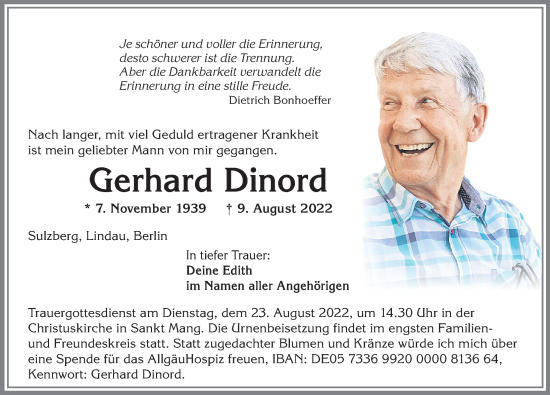 Traueranzeige von Gerhard Dinord von Allgäuer Zeitung,Kempten