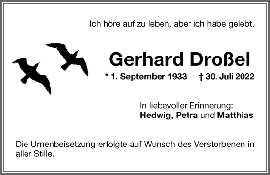 Traueranzeige von Gerhard Droßel von Memminger Zeitung