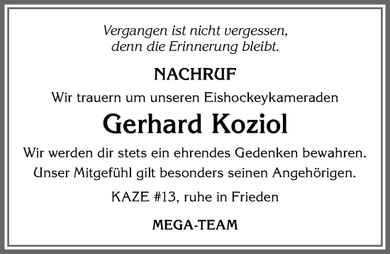 Traueranzeige von Gerhard Koziol von Allgäuer Zeitung, Füssen