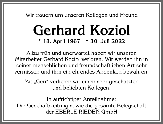 Traueranzeige von Gerhard Koziol von Allgäuer Zeitung, Füssen