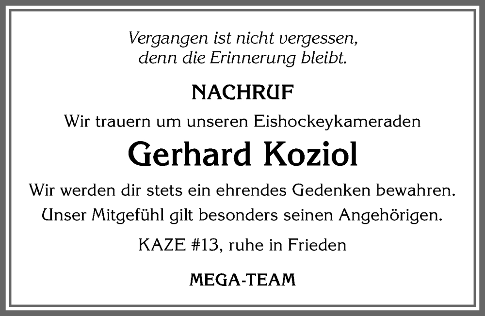  Traueranzeige für Gerhard Koziol vom 09.08.2022 aus Allgäuer Zeitung, Füssen