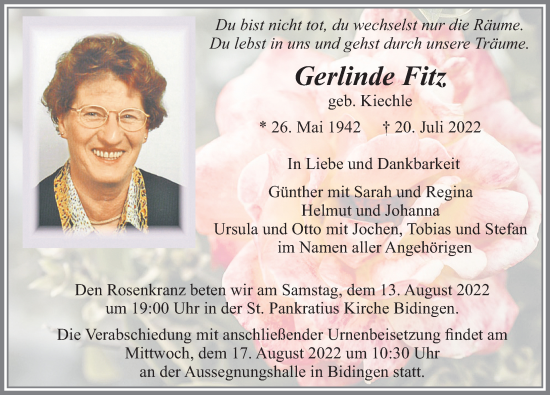 Traueranzeige von Gerlinde Fitz von Allgäuer Zeitung, Marktoberdorf