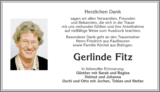 Traueranzeige von Gerlinde Fitz von Allgäuer Zeitung, Marktoberdorf