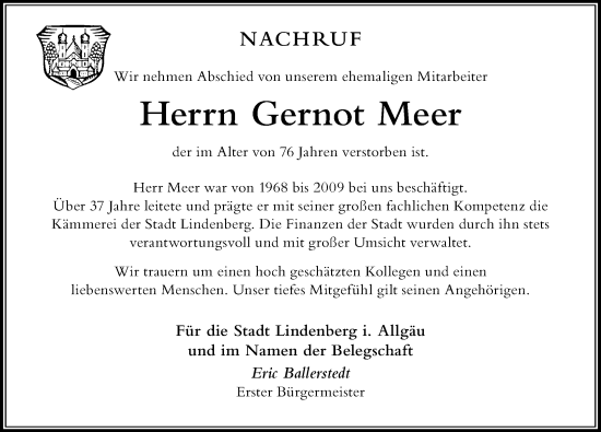 Traueranzeige von Gernot Meer von Der Westallgäuer