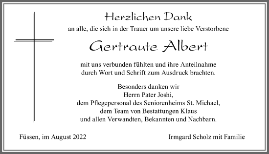 Traueranzeige von Gertraute Albert von Allgäuer Zeitung, Füssen