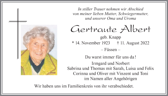 Traueranzeige von Gertraute Albert von Allgäuer Zeitung, Füssen