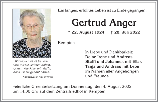 Traueranzeige von Gertrud Anger von Allgäuer Zeitung,Kempten