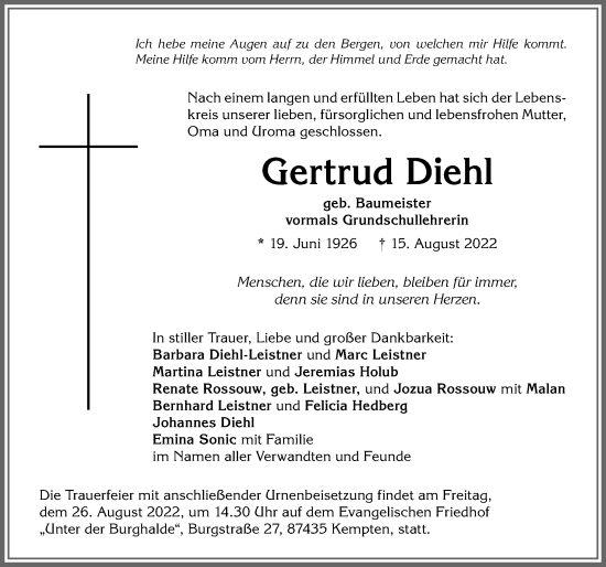 Traueranzeige von Gertrud Diehl von Allgäuer Zeitung,Kempten
