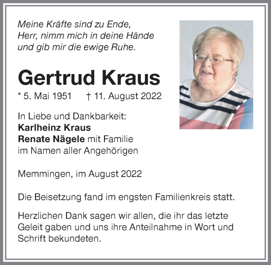 Traueranzeige von Gertrud Kraus von Memminger Zeitung