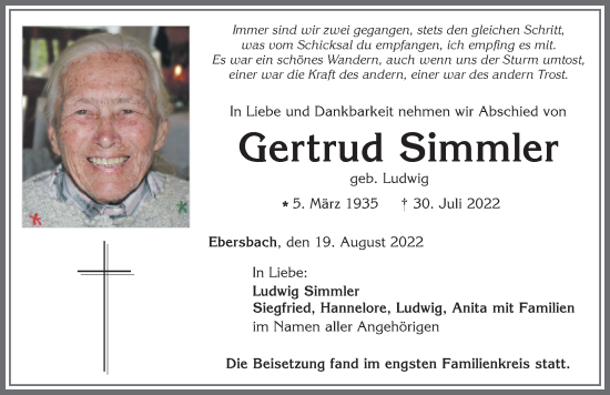 Traueranzeige von Gertrud Simmler von Allgäuer Zeitung, Marktoberdorf