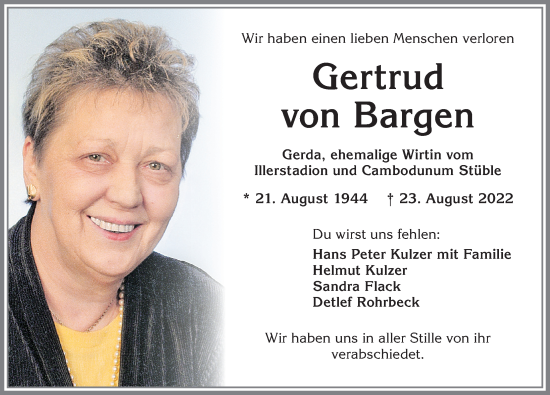 Traueranzeige von Gertrud von Bargen von Allgäuer Zeitung,Kempten