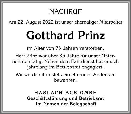 Traueranzeige von Gotthard Prinz von Allgäuer Zeitung,Kempten