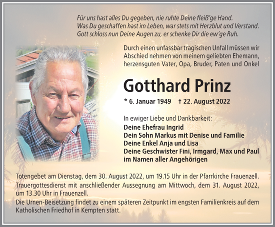 Traueranzeige von Gotthard Prinz von Allgäuer Zeitung,Kempten